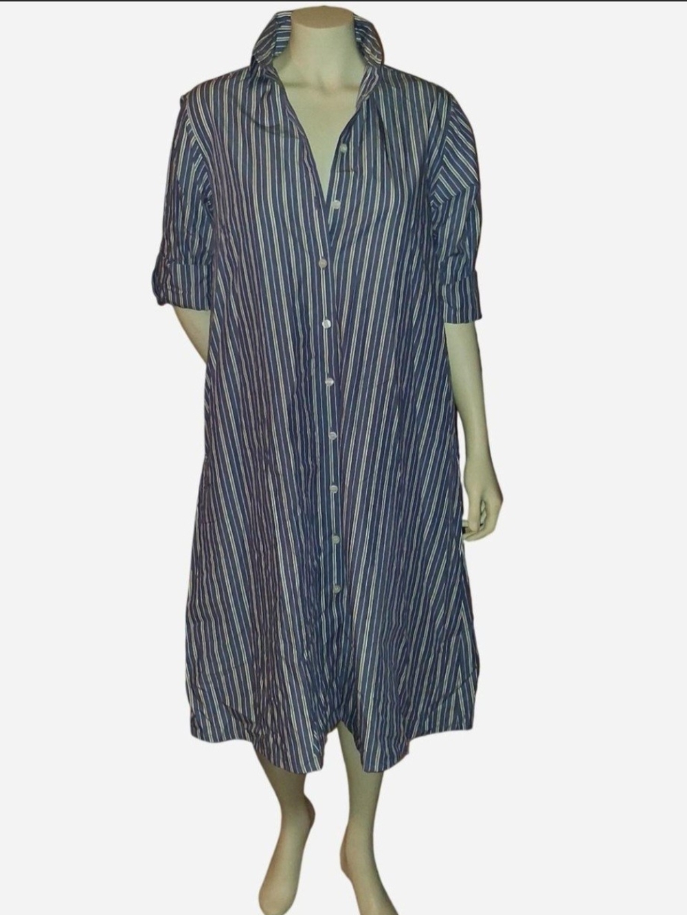 Ann Taylor Navy and White Striped Midi Shirt Dress